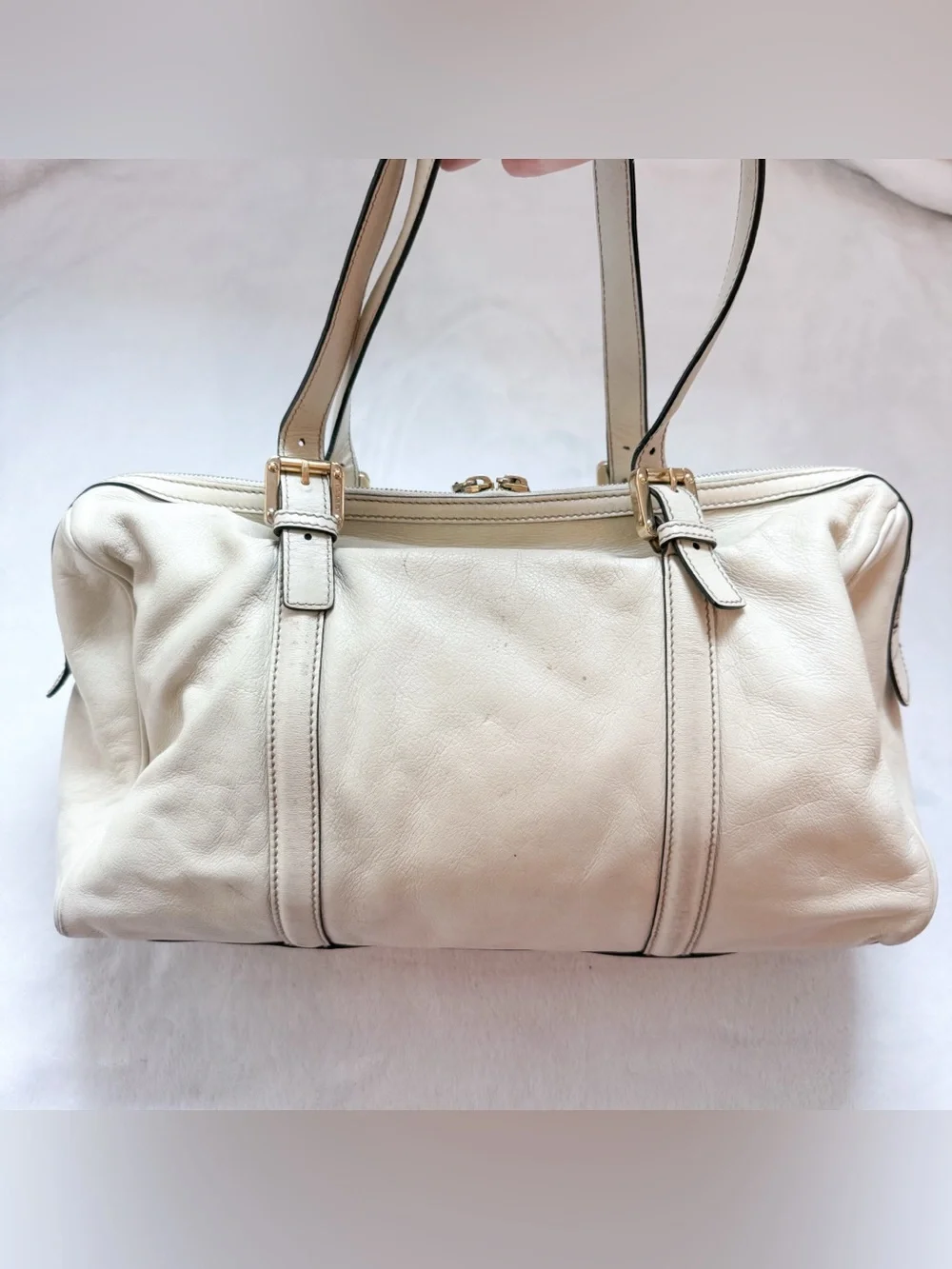 Gucci Britt Dialux Cream Calf Leather Interlock GG Logo Boston Bag FAIR
